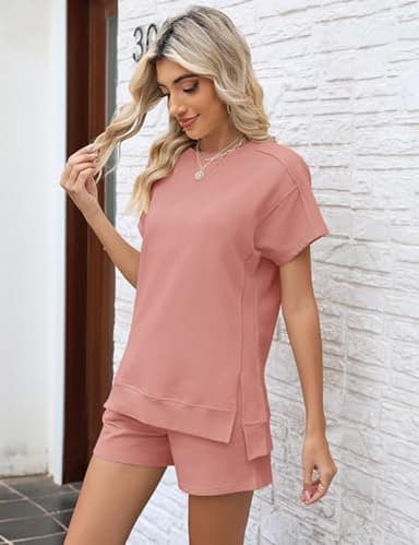 LOMON Women's Loungewear Sets Fashion Comfy 2 Piece Outfits Shorts Sets Short Sleeve Summer Sweatsuits(Pink,L) - Image 3
