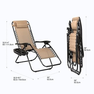 Nazhura Set of 2 Relaxing Recliners Patio Chairs Adjustable Steel Mesh Zero Gravity Lounge Chair Beach Chairs with Pillow and Cup Holder Khaki (Kahki) - Image 3