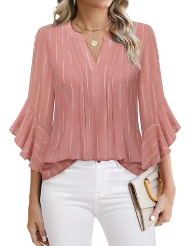 Timeson Work Blouses for Women Office: Business Attire - 3/4 Length Sleeve Womens Tops - Ladies Dress Shirts Chiffon Collared Trendy Fall Outfits 2025 Dressy Professional Formal Clothes M - Image 1