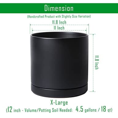 D'vine Dev 12 Inch Ceramic Planter Pot with Drainage Hole and Saucer, Indoor Cylinder Round Planter Pot, Black, 94-O-F-2 - Image 3