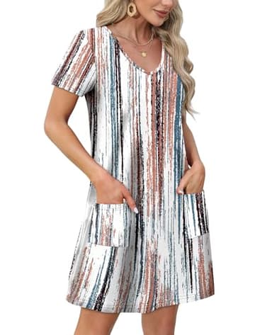 OFEEFAN Womens Dresses 2025 Loose V Neck Short Sleeve T Shirt Casual Summer Dress Beach Vacation Clothes Sundresses with Pockets Fashion Floral 10 M - Image 3