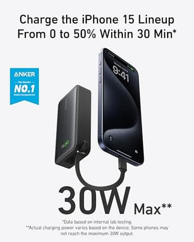Anker Nano Power Bank, 10,000mAh Portable Charger with Built-in USB-C Cable, 30W Recharging, 30W Max Output with USB-C&A, for iPhone 16/15 Series, MacBook, Galaxy, AirPods, and More - Image 2