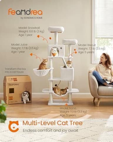 Feandrea Cat Tree, 66.1-Inch Large Cat Tower, Multi-Level Plush Condo with 13 Scratching Posts, 2 Perches, 2 Caves, Basket, Hammock, Pompoms, Cream White UPCT165T01 - Image 3