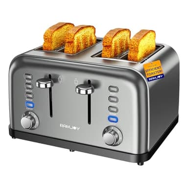 RAMJOY Grey Toaster 4 Slice, Dual Independent Controls, Extra Wide Slot Toasters for Bagel, Bread, Waffles, 7 Shade Settings, 4 Main Functions, Removable Crumb Tray, 1500 Watts, Grey Stainless Steel - Image 1