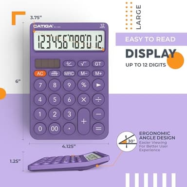 CATIGA 12 Digit Desktop Calculator Basic Desk Calculator with Large LCD Display, Big Buttons, 4 Function, Solar and Battery Dual Power, for Office, School, Home, SD-1292 Purple - Image 3