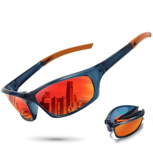 Ofwin Polarized Sports Folding Sunglasses for Men Women Wrap Around Cycling Fishing Sunglasses UV Protection Blue Red - Image 1