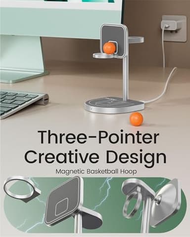 3-Point Power 3 in 1 Charging Station for Apple, KU XIU X85 Aluminum Alloy Magnetic Wireless Charger Stand with Mini Basketball & Hoop for iPhone 16/15/14/13/12, 5W for Apple Watch, AirPods, Gray - Image 3