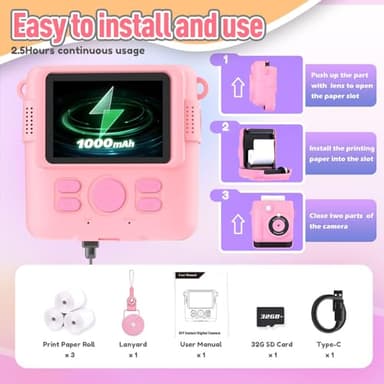 ESOXOFFORE Instant Print Camera for Kids, Christmas Birthday Gifts Girls Boys Age 3-12, HD Digital Video Cameras Toddler, Portable Toy 3 4 5 6 7 8 9 10 Year Old Girl with 32GB SD Card-Pink - Image 6