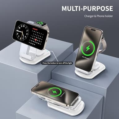 2025 Traveling Wireless Mag-Safe Fast Charging Station,Magnetic 3 in 1 Charger with Light for iPhone 17 16 15 14 13 12 Pro Max Plus,Apple Watch& Air pods 4 3 2 Pro-Gifts for Wife & Husband(White) - Image 3