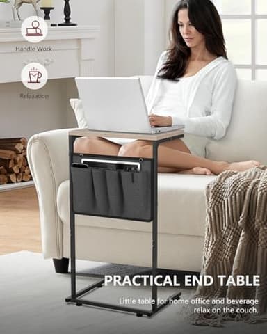 Vantic C Shaped End Table, Small Side Table for Couch and Recliner, Slide Under Sofa Tray Desk with Storage Bag for Living Room and Bedroom, Greige - Image 4