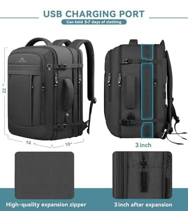 60L Extra Large Travel Laptop Backpack,3XL Expandable Carry On Backpack for Men, Big Capacity Heavy Duty Business Suitcase Daypack Bag Fits 18.4-19 Inch Laptops, Travel Gifts for Men Women, Black - Image 3