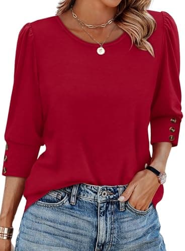 3/4 Length Sleeve Womens Tops Dressy Casual Blouses Christmas Valentine's Day Thanksgiving Shirts Plus Size Summer Clothes Flowy Solid Red 3XL - Image 1