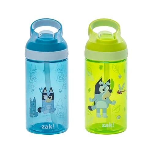 Zak Designs Bluey Atlantic Kids Water Bottle For School or Travel, 16oz Durable Plastic Water Bottle With Straw, Handle, and Leak-Proof, Pop-Up Spout Cover, 2-Pack (Bluey, Bingo) - Image 1