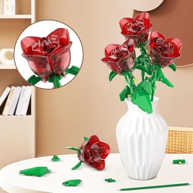 Rose Flowers Bouquet Building Decoration Set Compatible with Lego Flowers, Artificial Flowers for Home Décor, Roses Botanical Collection Women Mens Gifts Ideas for Christmas Stocking Stuffers (Red) - Image 2