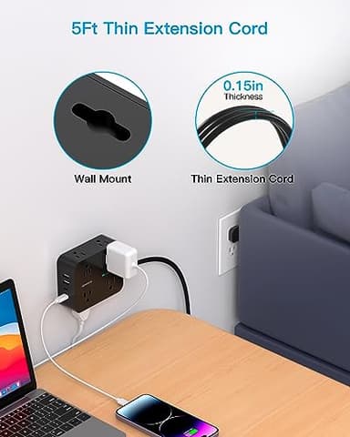 Power Strip Surge Protector, HANYCONY 5Ft Ultra Thin Flat Extension Cord with Multiple Outlets, 8 Widely Outlet Extender 4 USB Ports(2 USB C), 1080J Wall Mount for College Dorm Room Essentials Black - Image 7