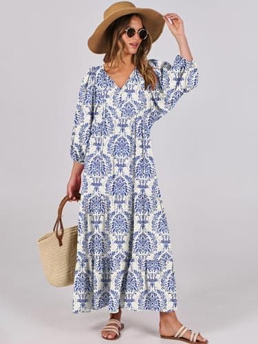 ANRABESS Womens Boho Maxi Dresses 2026 Summer V Neck Puff Sleeve Floral Flowy Swing Fall Casual Long Dress - Image 4