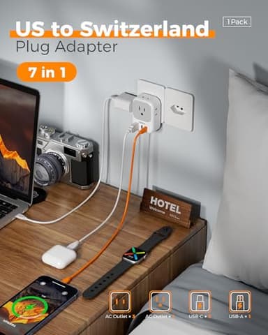 TESSAN Switzerland Travel Plug Adapter, Type J Switzerland Power Adapter with 4 Outlets 3 USB (2 USB-C), Swiss Plug for US to Rwanda Jordan Liechtenstein Madagascar, Travel Essentials - Image 3