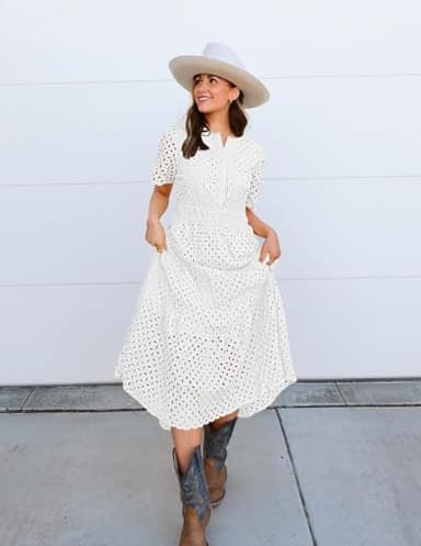 ZESICA Women's 2025 Summer Short Sleeve Maxi Dress Casual V Neck Hollow Out Eyelet Ruffle Swing A Line Long Dresses,White,Medium - Image 8