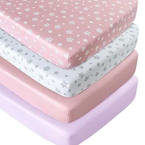 Crib Sheets for Girls 4 Pack, Fitted Crib Sheets for Standard Size Crib and Toddler Mattresses, Soft and Breathable Baby Gift Girl Set, Pink - Image 1