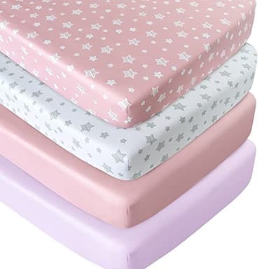 Crib Sheets for Girls 4 Pack, Fitted Crib Sheets for Standard Size Crib and Toddler Mattresses, Soft and Breathable Baby Gift Girl Set, Pink - Image 1