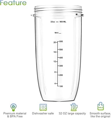 7 Pieces nutribullet Blender Cups & Blade Replacement Set 32oz Huge Cup with 1 Flip-Top To-Go Lid and 1 Lid Ring & Premium Extractor Blade with Compatible with NutriBullet 600w/900w Blender - Image 3