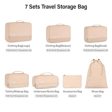Compression Packing Cubes, Expandable Luggage Organizer Bags, Hanke Packing Cubes for Travel, Double Zipper Durable Travel Packing Organizers for Suitcase Backpack and Carry-On (7 Pack,Off White) - Image 5