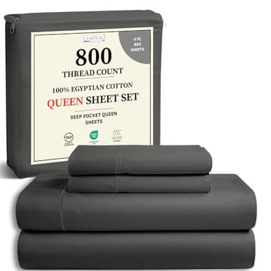 800 Thread Count Egyptian Cotton Sheets Queen Sheet Set Deep Pocket,100% Cotton Bed Sheets Queen Size Set, No Pill Soft & Comfy Naturally Cool Breathable Elasticated Sheet & Pillowcase Sets- Charcoal - Image 1