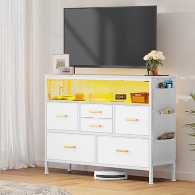 YITAHOME Dresser TV Stand for 45'' TV, 6-Drawer Dresser with Power Outlet and LED Light, Wide Drawer with Metal Handle, White with Shelves and PU Finish - Image 2