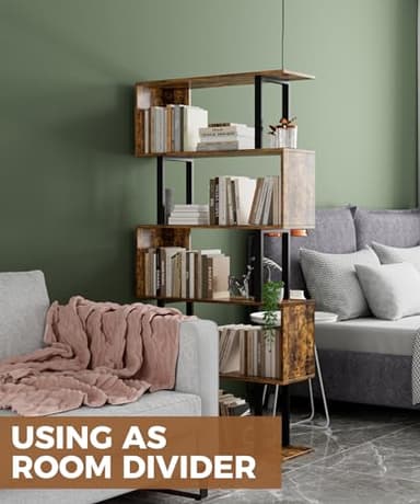 Gadroad 5-Tier Geometric Bookcase,S Shaped Bookshelf, Wood Decorative Storage Shelving, Modern Freestanding Display Shelves, Tall Book Shelf Unit for Living Room Bedroom, Rustic Brown - Image 5