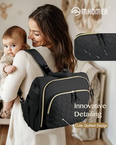 MHOMER Diaper Bag Backpack Puffer Lightweight 3 in 1 Wide Open Small Diaper Bag Tote for Travel with Changing Pad Shoulder Straps, Black - Image 6