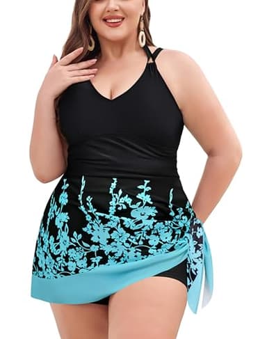 Hanna Nikole Women Plus Size Two Piece Tankini Swimdress V Neck Halter Asymmetrical Hem Skirted Swimsuit with Boyshorts - Image 1