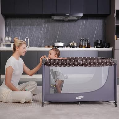 Pamo Babe Portable Crib Baby Playpen with Mattress and Carry Bag Grey - Image 3