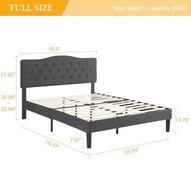 VECELO Full Size Bed Frame Upholstered Platform with Tufted Adjustable Headboard/Mattress Foundation Wood Slat Support/Easy Assembly,Grey - Image 2