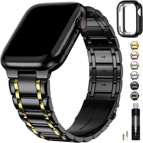 Fullmosa Bands Compatible with Apple Watch Band 46mm Series 11 10, Stainless Steel iWatch Band with Case for Apple Watch, Black and Gold - Image 1