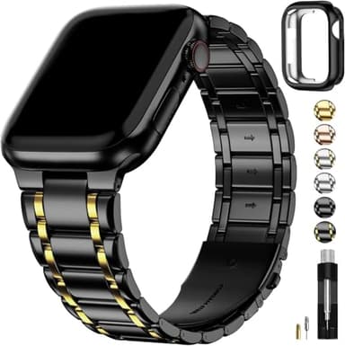 Fullmosa Bands Compatible with Apple Watch Band 46mm Series 11 10, Stainless Steel iWatch Band with Case for Apple Watch, Black and Gold - Image 1