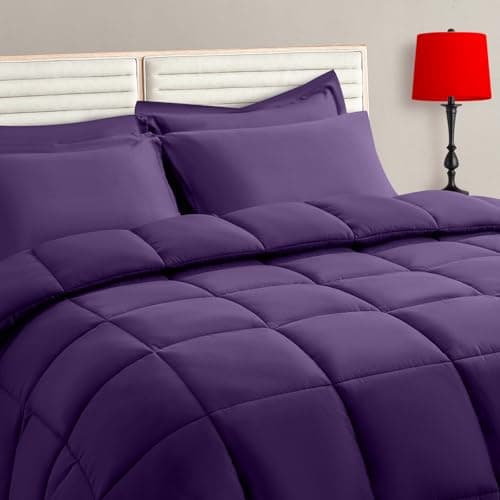 TAIMIT Purple Queen Size Comforter Set - 7 Pieces, Bed in a Bag Bedding Sets with All Season Soft Quilted Warm Fluffy Reversible Comforter,Flat Sheet,Fitted Sheet,2 Pillow Shams,2 Pillowcases - Image 1