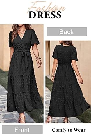 MASCOMODA Womens Summer Swiss Dot Maxi Dresses Wrap V Neck Flutter Short Sleeve Boho Casual Flowy Long Wedding Guest Dress - Image 6