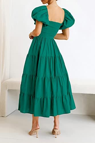 PRETTYGARDEN Women's Casual Summer Midi Dress Puffy Short Sleeve Square Neck Smocked Tiered Ruffle Dresses (Dark Green,Small) - Image 4