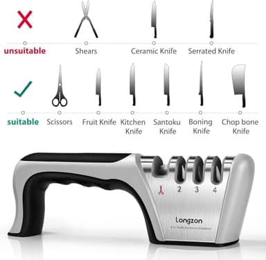 Longzon 4-in-1 Knife Sharpener [4 Stage] with a Pair of Cut-Resistant Glove, Original Premium Polish Blades, Best Kitchen Knife Sharpener Really Works for Fruit Knife and Steel Knives, Scissors - Image 3