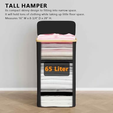 SpaceAid Slim Laundry Hamper with Lid, 65L Narrow Clothes Basket Bin with Bamboo Handles, Skinny Tall Collapsible Hamper for Bedroom, Bathroom, Dorm, Laundry Room - Black - Image 2