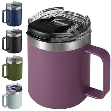 ALOUFEA 12oz Insulated Coffee Mug Cup with Handle, Stainless Steel Travel Coffee Mug with Flip Lid, Double Wall Vacuum Coffee Tumbler,Plum - Image 1