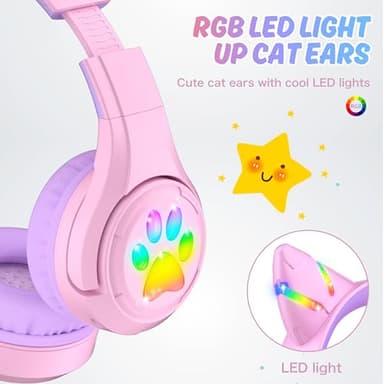 Riwbox CF9 Cat Ear Kids Bluetooth Headphones with LED Light Up,Safe 85dB Volume Limit,Built-in Mic&Boom Mic for Calls,Kids Wireless&Wired Headphones for Tablet/Airplane/School/Online Learning (Purple) - Image 3