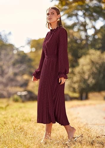 PRETTYGARDEN Women's 2025 Spring Fall Midi Dress Casual Long Sleeve V Neck Swiss Dot Pleated A Line Flowy Dresses (Dark Wine Red,Large) - Image 4