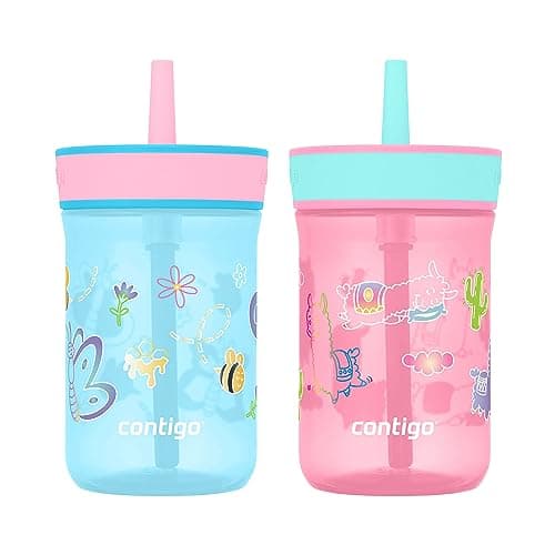 Contigo Leighton Kids Water Bottle, 2-Pack, 14oz, Spill-Proof, Blue Raspberry/Azalea & Butterlies/Llamas, Dishwasher Safe Tumbler with Straw - Image 1