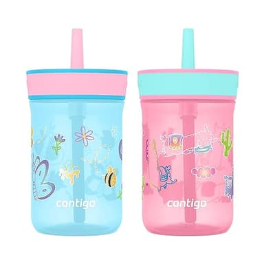 Contigo Leighton Kids Water Bottle, 2-Pack, 14oz, Spill-Proof, Blue Raspberry/Azalea & Butterlies/Llamas, Dishwasher Safe Tumbler with Straw - Image 1