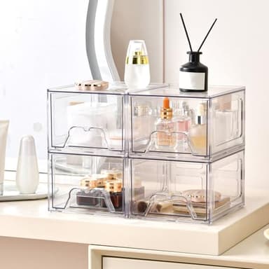 Stebopum 6 Pack Stackable Makeup Organizer, 4.4'' Tall Acrylic Bathroom Makeup Organizer and Storage Drawer with Pull-out Handle, Clear Plastic Storage Bins for Vanity,Pantry,Desk,Undersink,Kitchen - Image 2