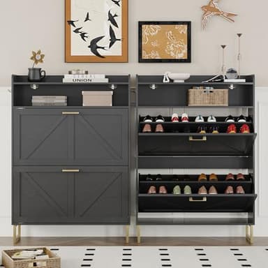BORNOON Shoe Cabinet with 2 Flip Drawers Narrow Shoe Storage Cabinet Organizer Wooden Freestanding Rack Hidden Slim Storage for Entryway, Hallway, Living Room, Bedroom - Image 5