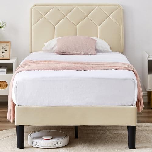 VECELO Twin Size Bed Frame Premium Velvet Upholstered Platform with Height Adjustable Headboard/Mattress Foundation, Solid Wooden Slat Support, No Box Spring Needed/Easy Assembly - Image 1