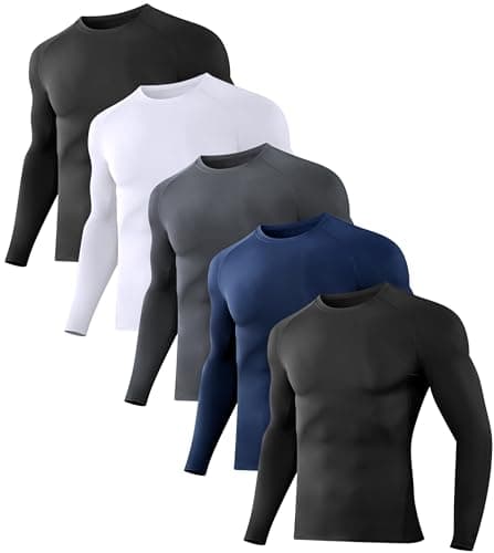 Dalavch 5 Pack Men's Compression Shirts Long Sleeve Athletic Workout Sports Undershirt Base Layer Top for Winter 2 Black 1 White 1 Gray 1 Blue Large - Image 1