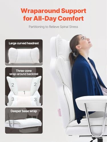 VEVOR Reclining Office Chair with Footrest, Heavy Duty PU Leather Oversize Office Chair, Big and Tall Executive Office Chairs with Lumbar Support, Strong Metal Base Quiet Wheels, White - Image 4